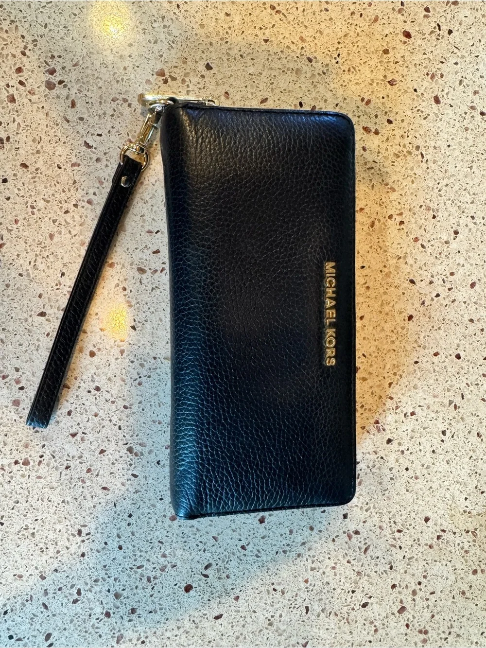 Michael Kors Black Pebbled Leather Wristlet Wallet with Gold Logo